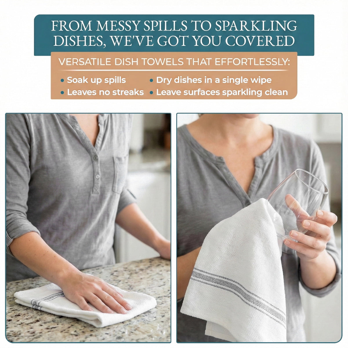 Kitchen Towels Set - 100% Pure Cotton Super Absorbent Hand Towel, Grey Tea Towels, Soft & Durable, Pack of 12 – 15”x25”, Grey Stripe