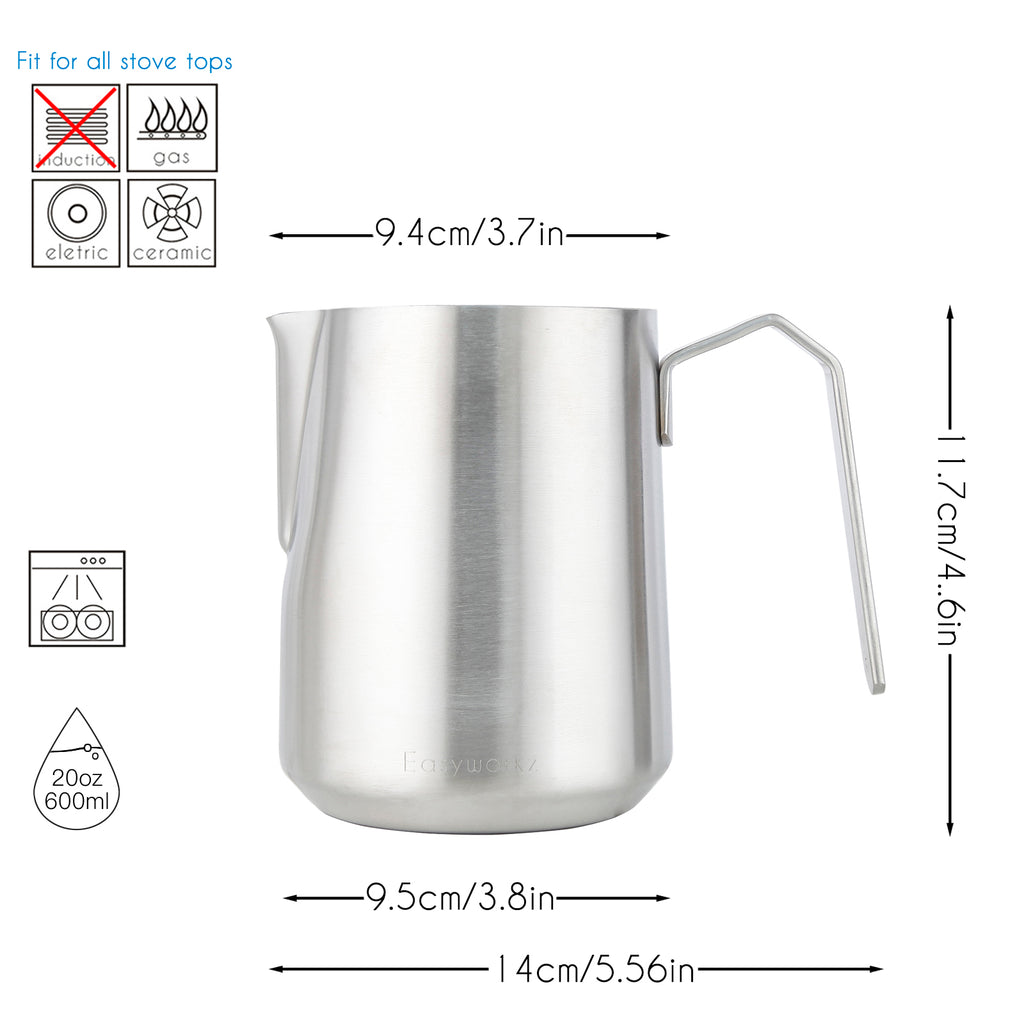 Easyworkz Espresso Milk Frothing Pitcher Heavy-Gauge Stainless Steel 20 oz Cappuccino Latte Art Cup, Brushed Silver