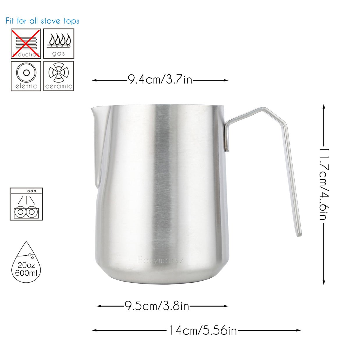 Easyworkz Espresso Milk Frothing Pitcher Heavy-Gauge Stainless Steel 20 oz Cappuccino Latte Art Cup, Brushed Silver