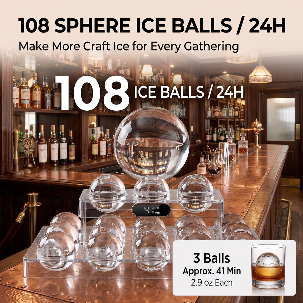 RIOXC Spherical Ice Maker, 2.4" Large Sphere Ice Ball Maker 108 Pcs/24H with Self-Cleaning Countertop Craft Ice for Whiskey Cocktails & Home Bar
