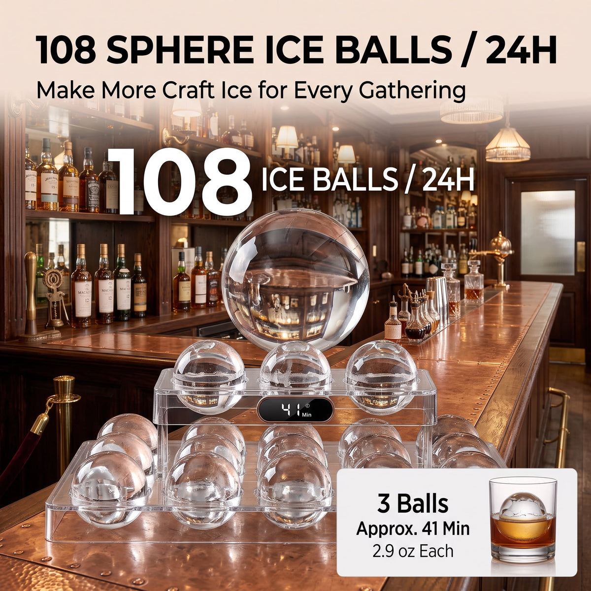 RIOXC Spherical Ice Maker, 2.4" Large Sphere Ice Ball Maker 108 Pcs/24H with Self-Cleaning Countertop Craft Ice for Whiskey Cocktails & Home Bar