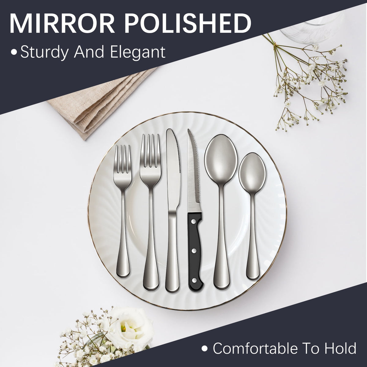 Bluebow 24-Piece Silverware Set with Steak Knives, Flatware Cutlery Set for 4, Food-Grade Stainless Steel Kitchen Tableware Set