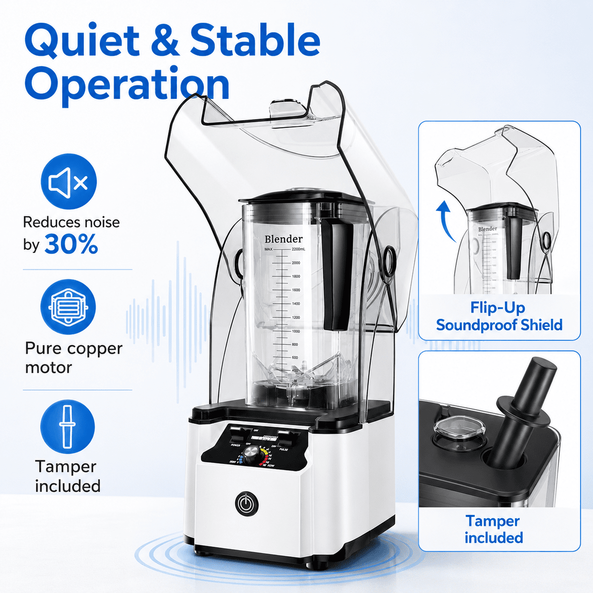 WantJoin Blender-Commercial Blender with Soundproof Shield, Enclosure 2200W ,Quiet Professional-Grade Power,Self-Cleaning,Gray