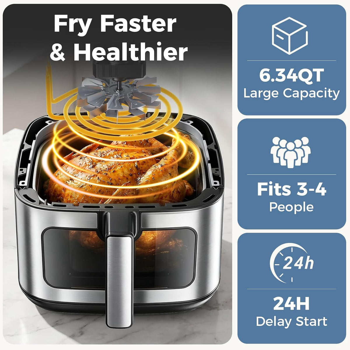 Air Fryer, 6-Quart Smart Air Fryer, 12-in-1 Functions - Air Fry, Roast, Reheat, Dehydrate, Bake, Steam, and More, 400Â°F Max Temperature, Grey