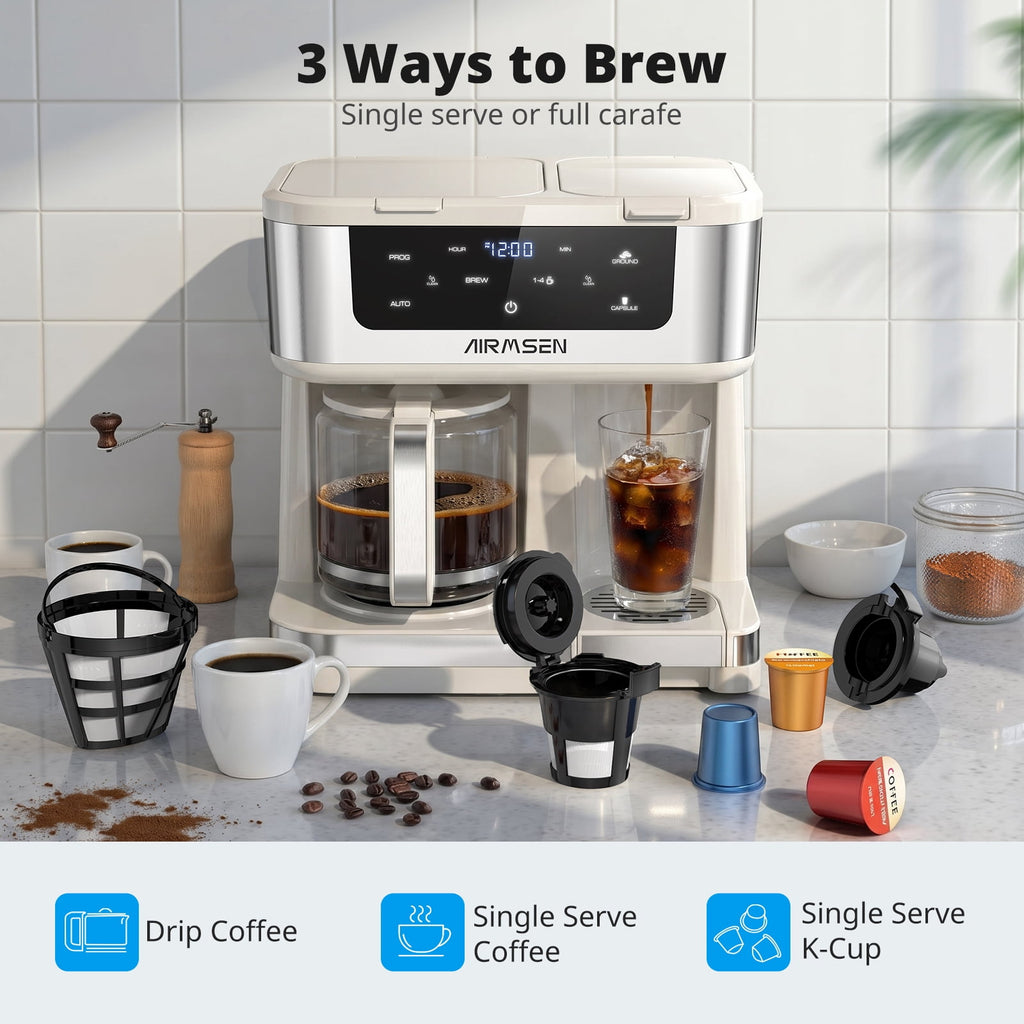 AIRMSEN 12-Cup Drip Coffee Maker with K Cup Combo, Programmable Coffee Machine with 1-4 Cup Setting, Single Serve or Coffee Pot, Auto Shut-off, Spill-Free Spout