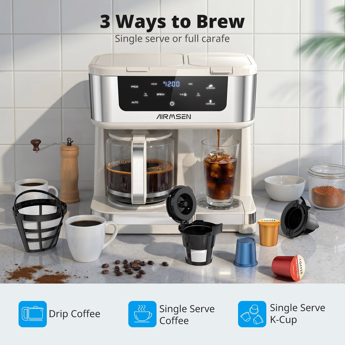AIRMSEN 12-Cup Drip Coffee Maker with K Cup Combo, Programmable Coffee Machine with 1-4 Cup Setting, Single Serve or Coffee Pot, Auto Shut-off, Spill-Free Spout