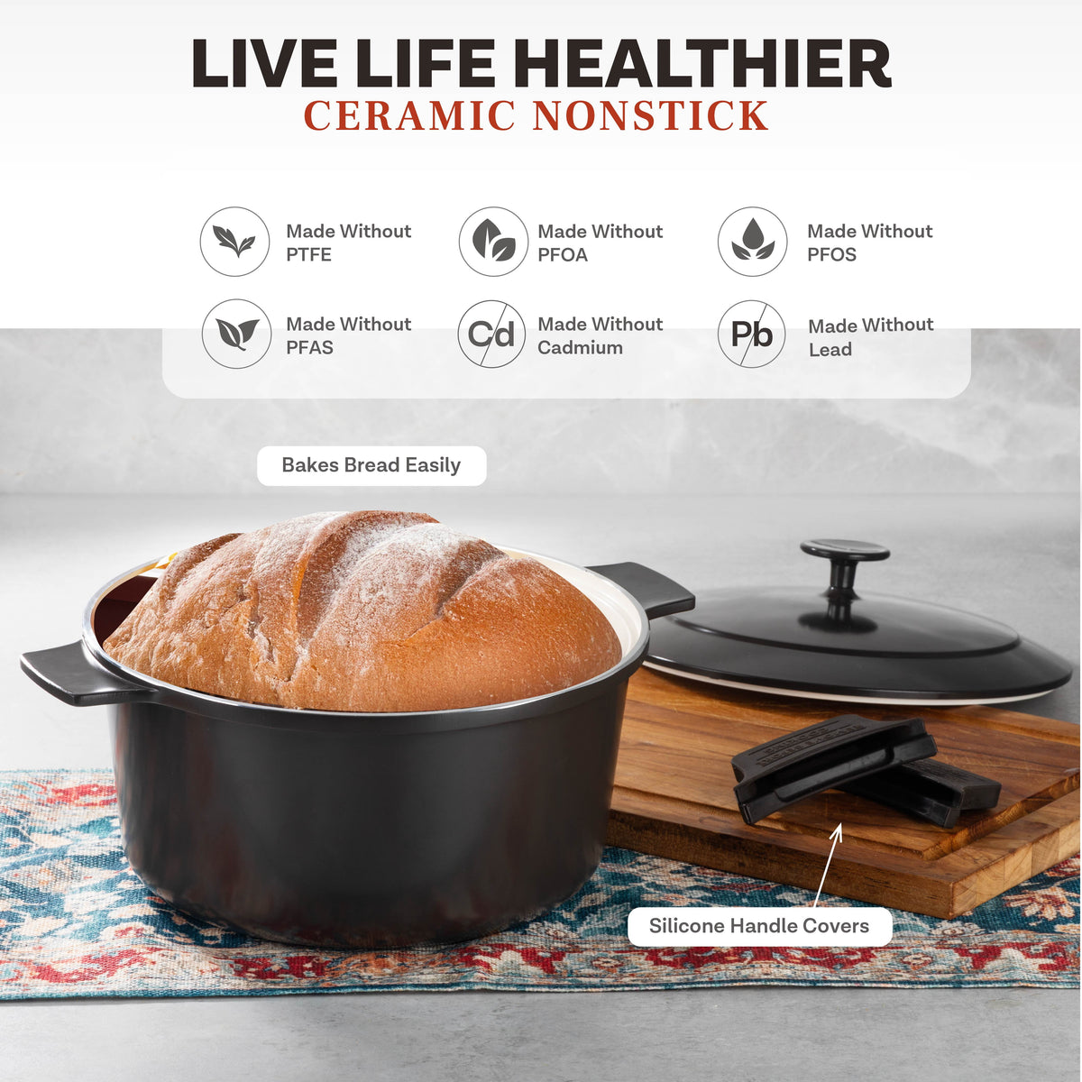 Gotham Steel Ceramic Hammered 5 Qt Lightweight Dutch Oven Pot with Lid & Holders, Oven Safe & Even Heat Retaining Dutch Oven for Bread Baking Sourdough, Soup, 70% Lighter than Cast Iron, Navy