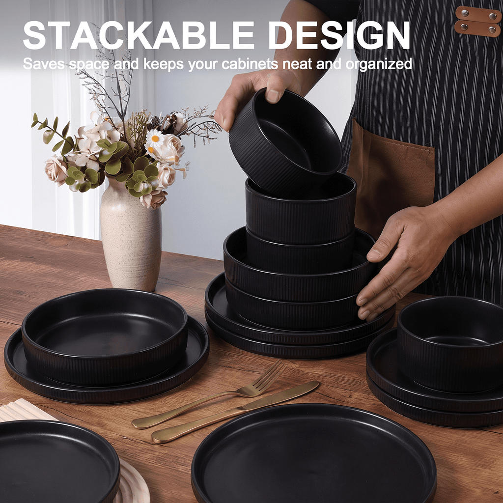 Vesteel 12 Pieces Dinnerware Set for 4, Premium Stoneware Ribbed Dishes, Chip & Scratch Resistant Plates and Bowls Set for Home Restaurant, Microwave and Dishwasher Safe - Speckled White