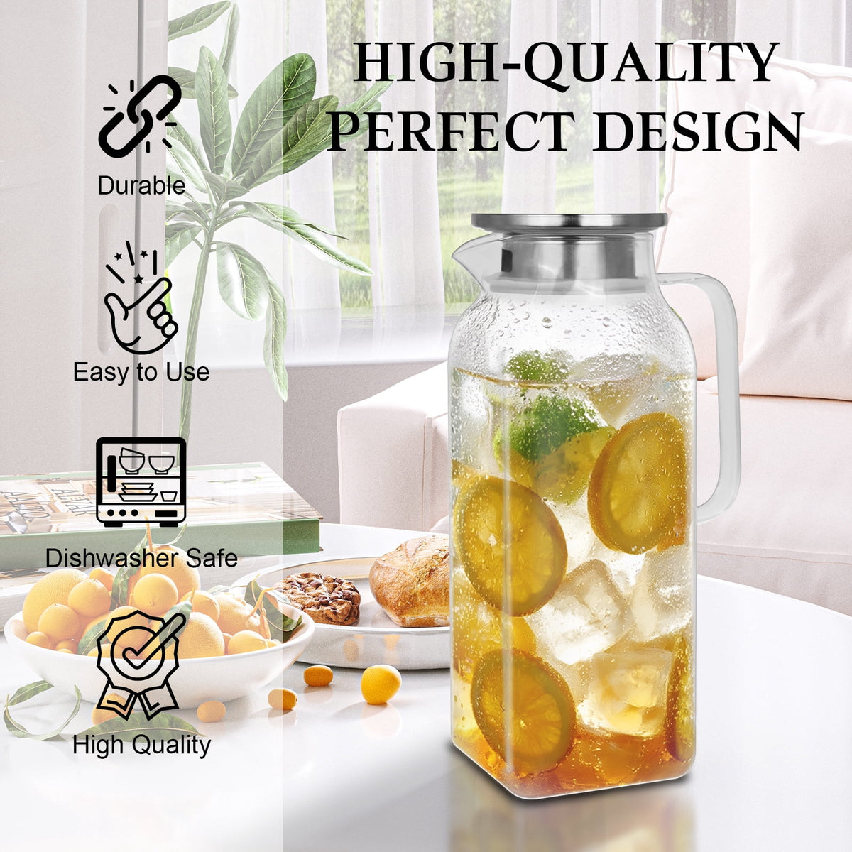 Soulgenix 2L Glass Pitcher, Square Glass Carafe with Stainless Steel Lid, 68 oz Carafe for Water, Juice, Iced Tea, Coffee
