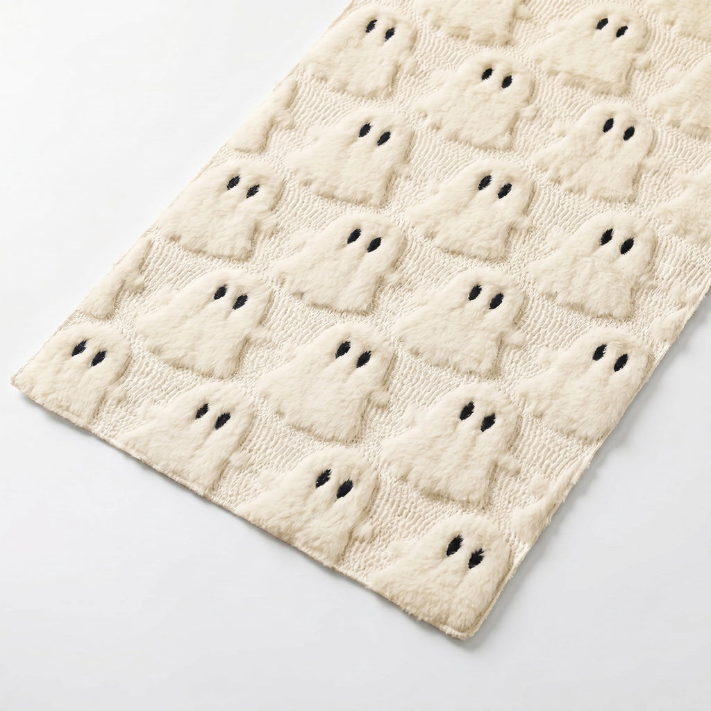 Sm:)e White Ghost Halloween Table Runner 13x72 Inch, Soft Plush Faux Fur Mantel Kitchen Dining Table Decor, Halloween Home Party Decor