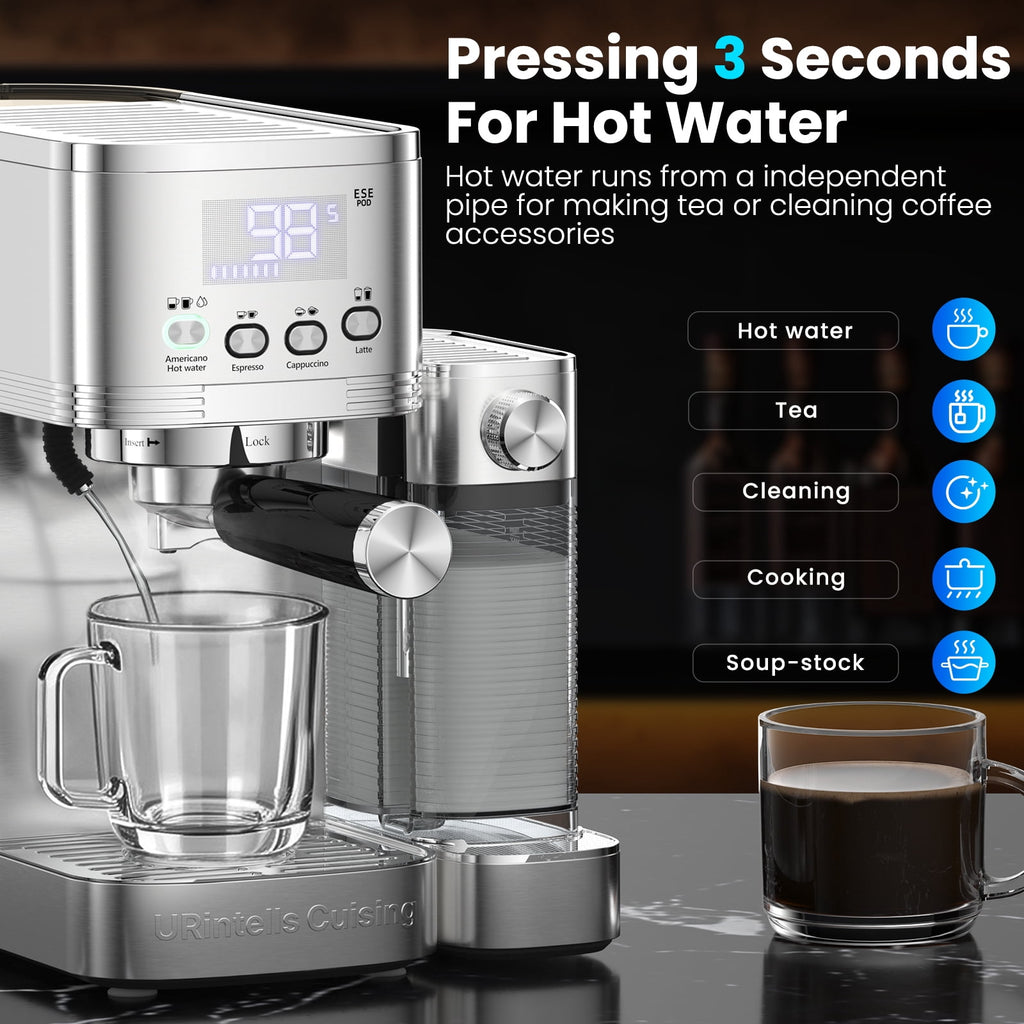 URintells Cuising Espresso Machine, 20 Bar Cappuccino & Latte Machine with Built-In Milk Frother, 1350W, Stainless Steel