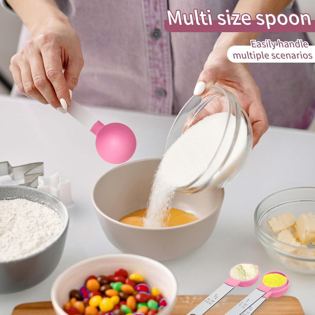 8Pcs Measuring Cups Set Measuring Spoons Set, Nesting Measure Cups with Stainless Steel Handle, For Measuring Dry and Liquid Ingredients Small Teaspoon with Plastic Head (Pink)