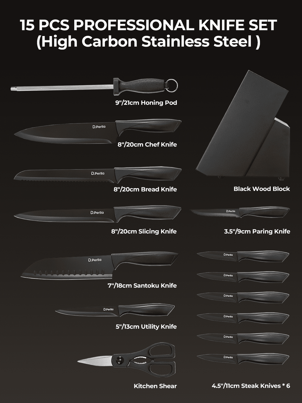 D.Perlla Kitchen Knife Set, 15 Pieces High Carbon Stainless Steel Knife Block Set with Anti-Rust & Non-stick Coating, Dishwasher Safe