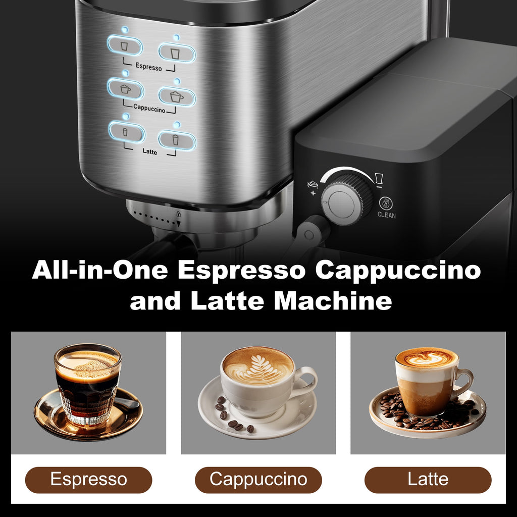 Bluebow 6-in-1 Espresso Machine, 20 BAR Cappuccino & Latte Machine with Built-In Milk Frother, One-Touch Single or Double Shot, 1350W, Stainless Steel