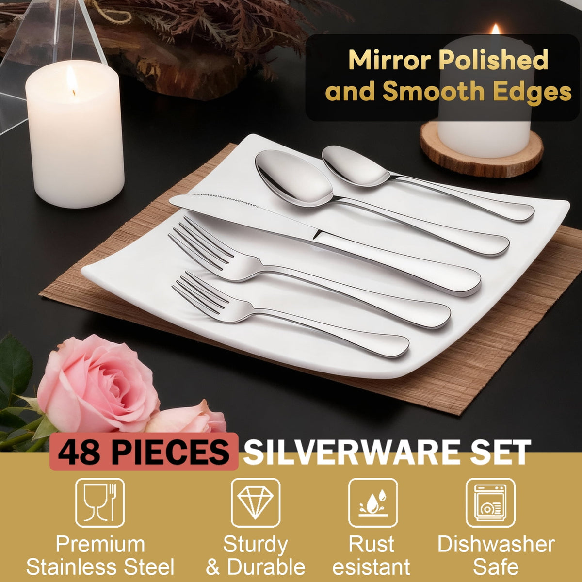 48-Pieces Silverware Set for 8, Stainless Steel Flatware Cutlery Utensil Set forks and Spoons, Kitchen Tableware Set