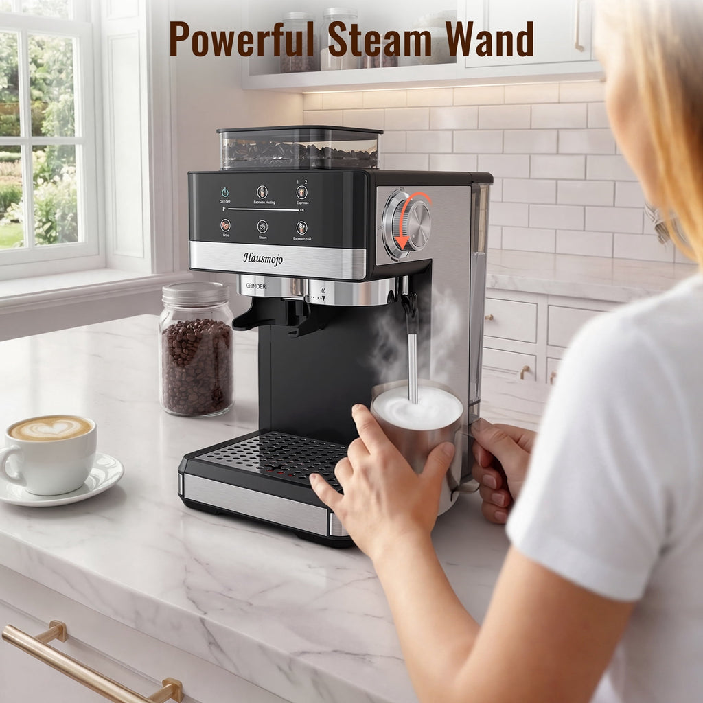 Hausmojo M5520 Espresso Machine with Grinder & Milk Frother , 20 Bar Semi-Automatic Cappuccino Latte Maker for Home