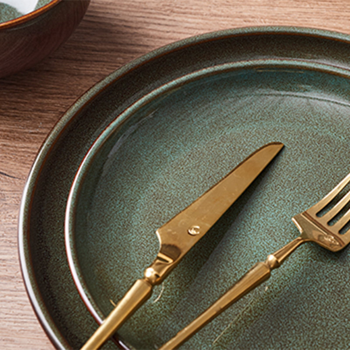 Pokini 12-Piece Stoneware Dinnerware Sets, Plates and Bowls Dish Sets for 4, Brown Green