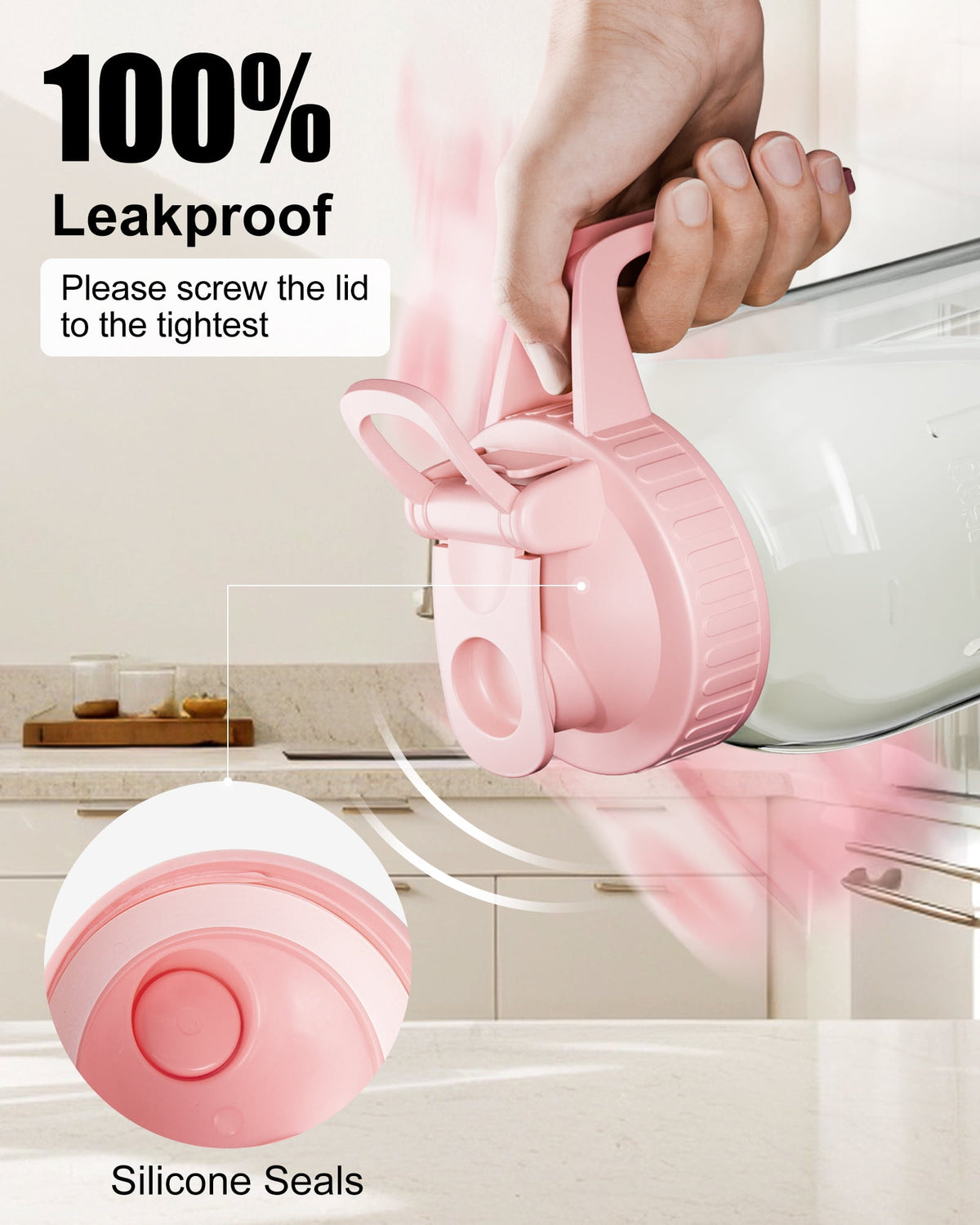 Breast Milk Pitcher 32oz Mason Jar with Wide Mouth and Handle-Pink Glass Pitcher with Flip Cap Lid and Pour Spout Airtight Seal for Cold Beverages