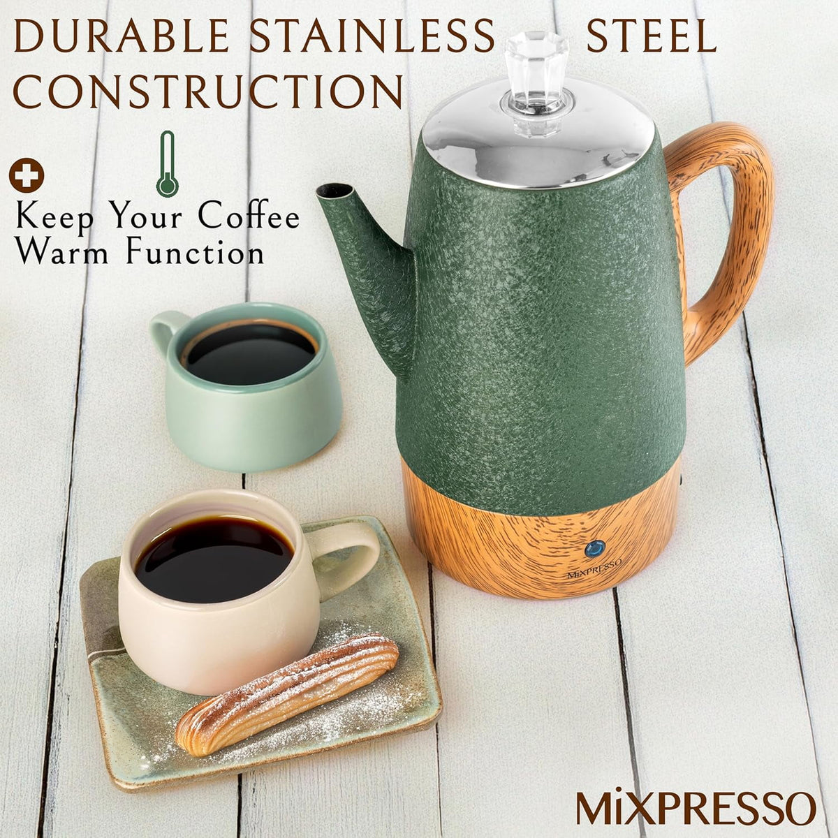 Mixpresso Percolator Coffee Pot Electric 10 Cup, Stainless Steel Coffee Maker, Coffee Percolator Electric With Keep Warm Function, 10 Cups Stainless Steel Perculator With Basket (Shiny Blue)