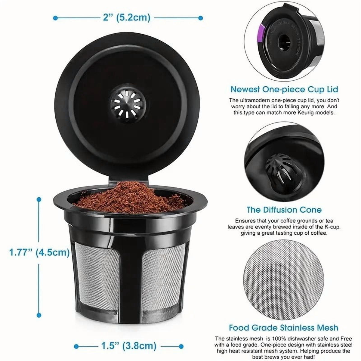 Reusable K Cups for Keurig, Universal Refillable Coffee Filters for Single Serve Coffee Maker, 4-Pack of Reusable Pods, Black