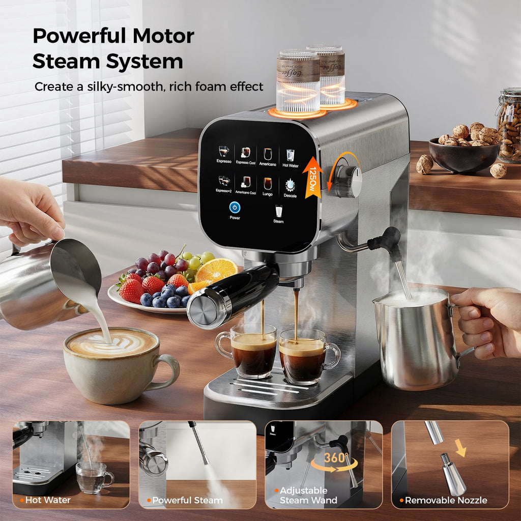 Patbrela Espresso Machine with Cold Brew, 20 Bar Coffee Maker Machine with Steam Milk Frother, LED Touch Screen, Cappuccino/Latte/ for Home
