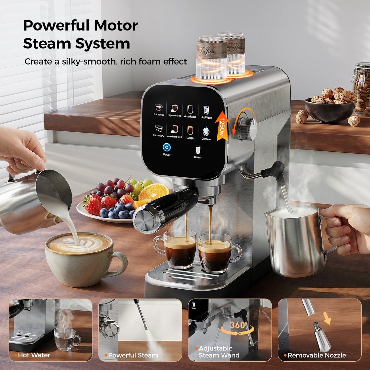 Patbrela Espresso Machine with Cold Brew, 20 Bar Coffee Maker Machine with Steam Milk Frother, LED Touch Screen, Cappuccino/Latte/ for Home