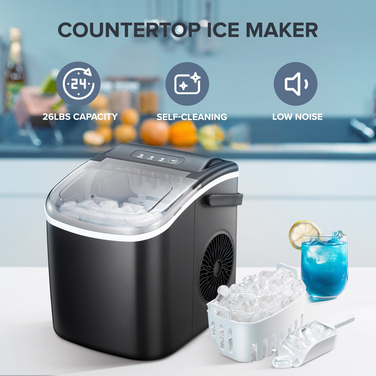 Havato Countertop Ice Maker, 8 Bullet Ice Cubes in 6 Mins, 26lbs/24H, w/ Scoop & Basket, White