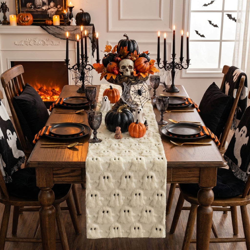 Sm:)e White Ghost Halloween Table Runner 13x72 Inch, Soft Plush Faux Fur Mantel Kitchen Dining Table Decor, Halloween Home Party Decor