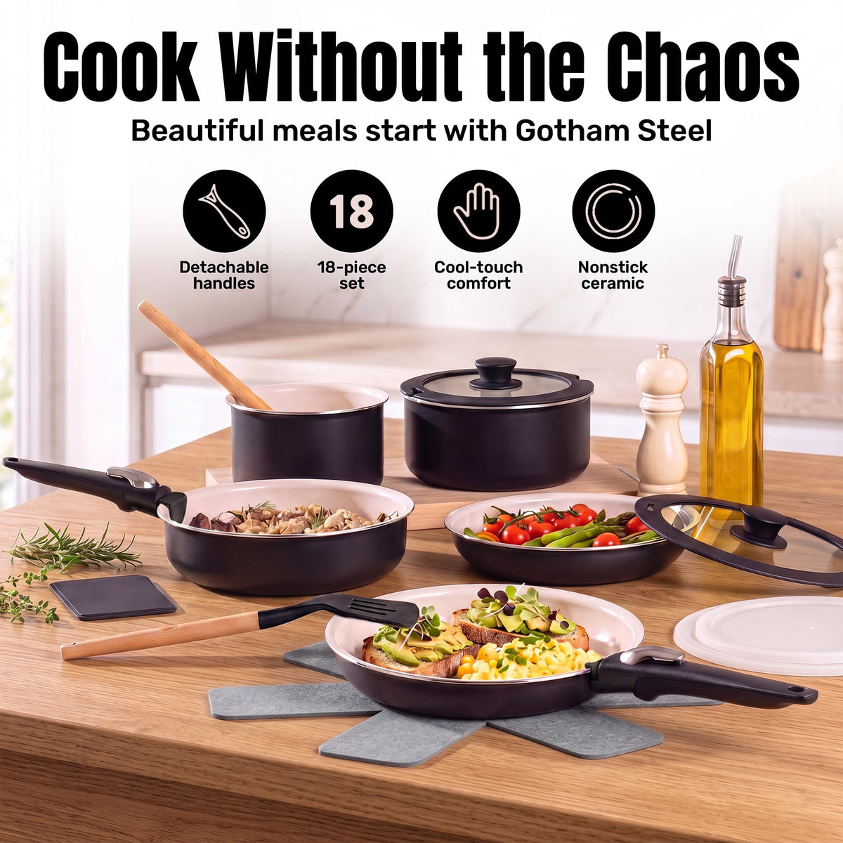 Gotham Steel 18 Pcs Pots and Pans set Non Stick, Ceramic Pan Cookware Set W/ Detachable Handle, RV Kitchen Cooking Set with Secure Lock Removable Handles, Oven Safe Nonstick Pan Set, Blue