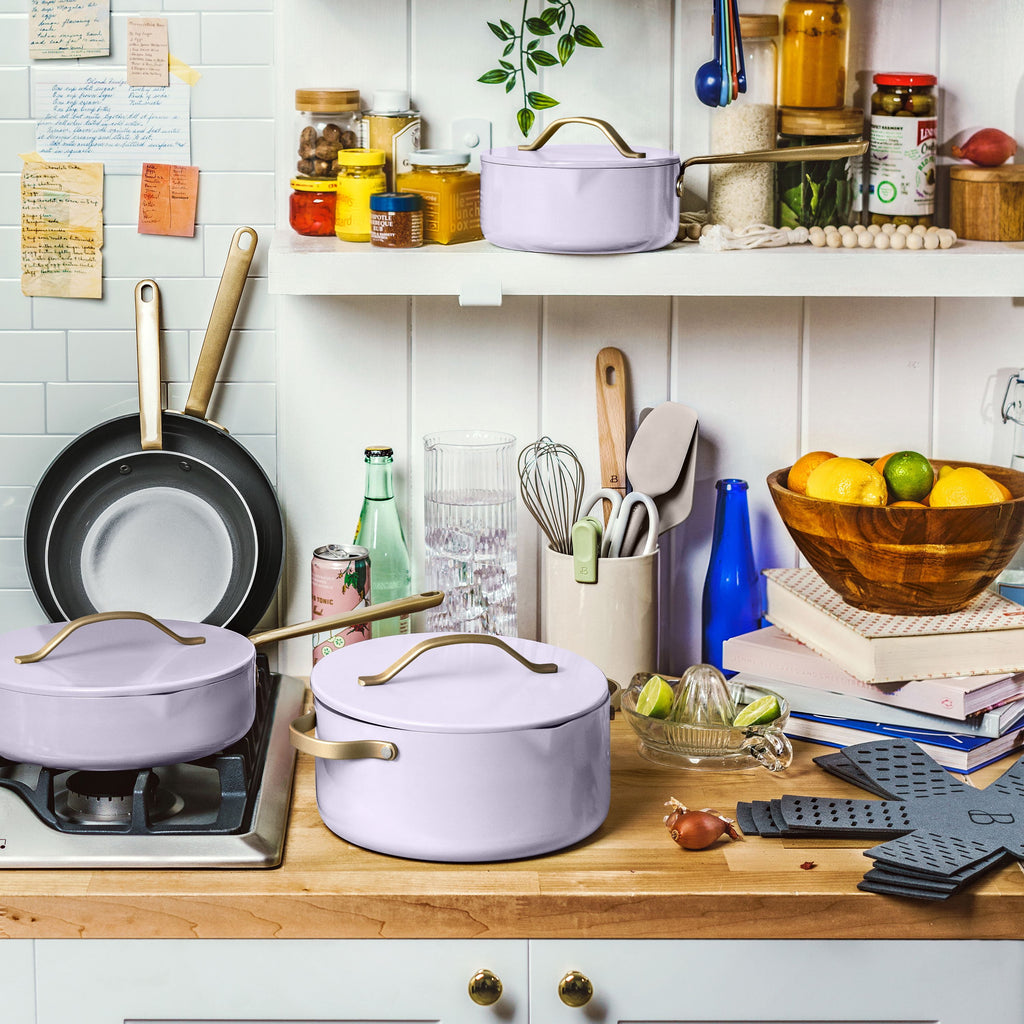 Beautiful 12-Piece Cookware Set, Pots and Pans with Strainer Lids and EverGood Ceramic Nonstick Coating, White Icing by Drew Barrymore