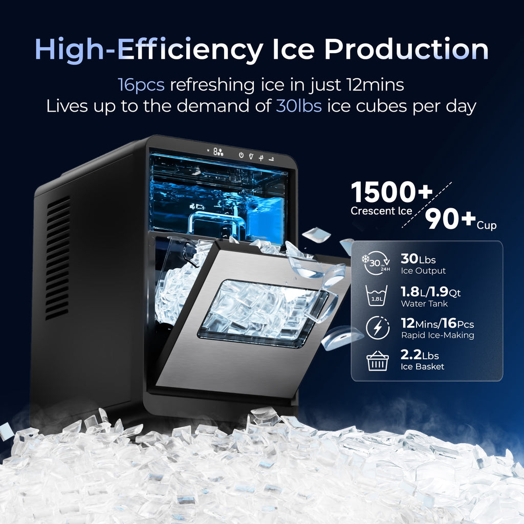 Simzlife Countertop Crescent Ice Maker, 35.9 Lbs/24H, 16 Ice Cubes in 12 Minutes, Deep Cleaning Timer Ice Machine