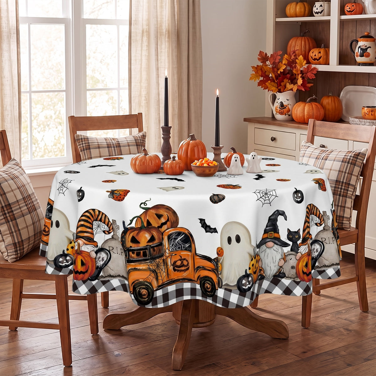 Sm:)e Truck Jack O Lantern Pumpkin Bat Buffalo Plaid Halloween Tablecloth 60 x 84 Inch, Wrinkle-Resistant Table Cover for Dining Decor, Rectangle