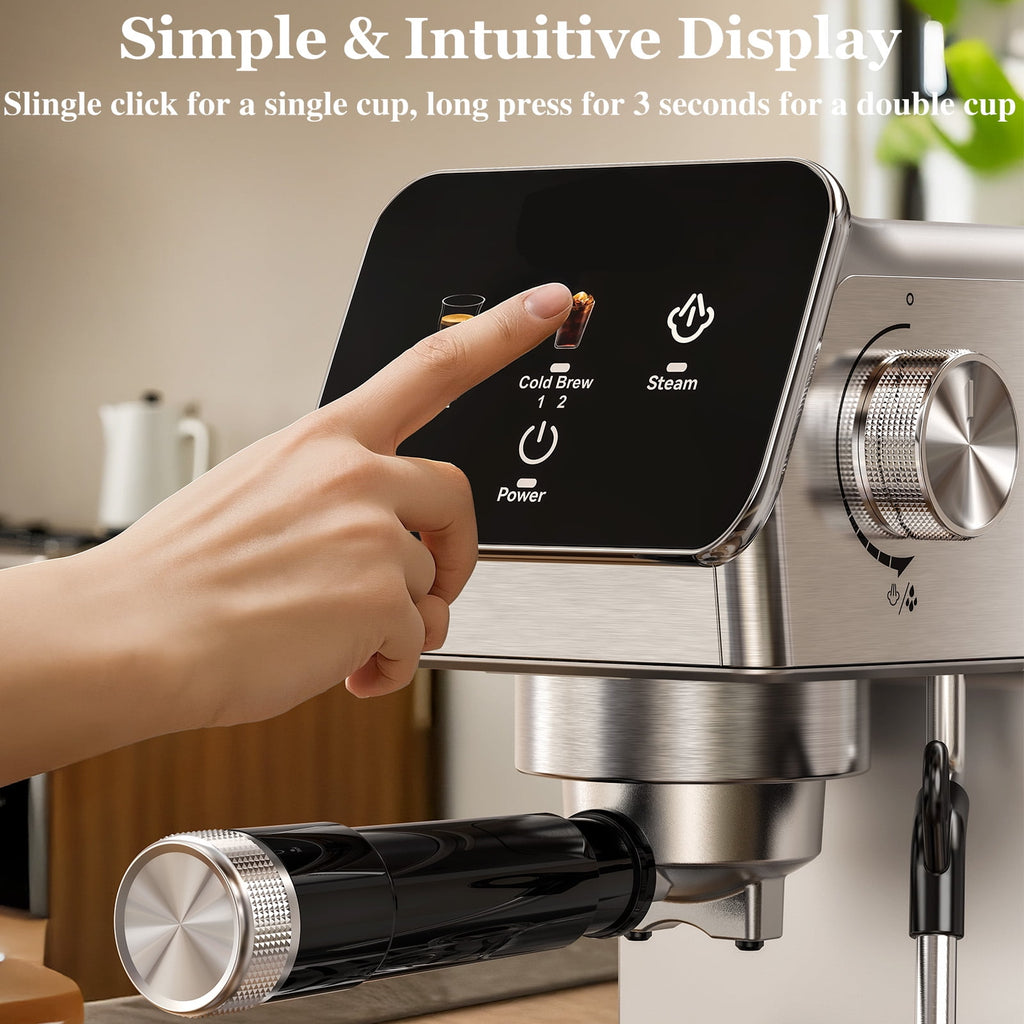 Espresso Machine 20 Bar, Rapid Cold Brew, Stainless Steel Coffee Machine with 40oz Removable Water Tank for Cappuccino, Latte, Silver