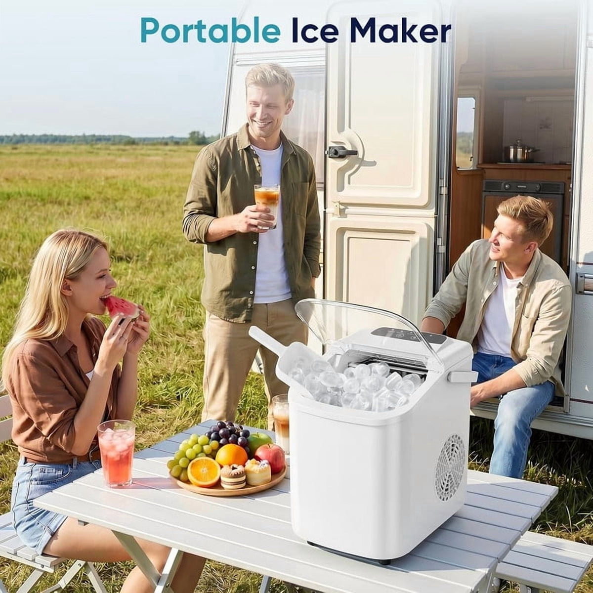 Simenmax Ice Maker Countertop – 26lbs Desktop ice maker with Handle for Home, Kitchen, Office, Outdoors, RV, Camping, White