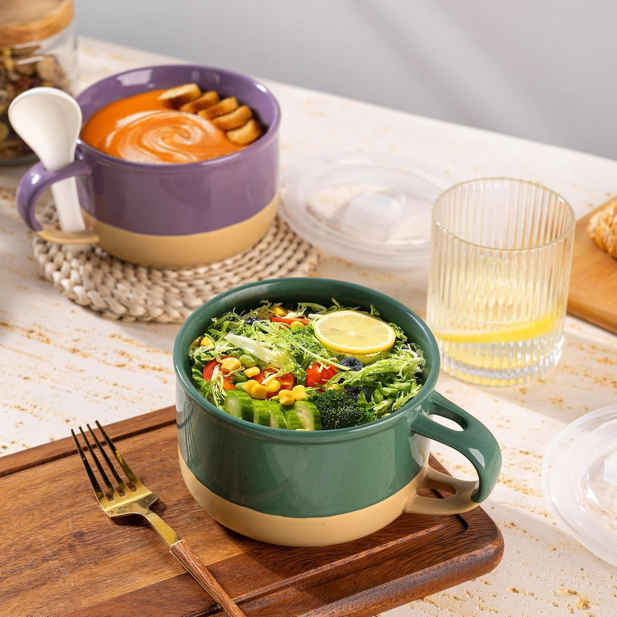 AmorArc Ceramic Soup Mugs with Handles and Lids,24 OZ Soup Cups Set of 2 with Terracotta Underside,Mug Bowls with Spoon for Soup/Cereal/Salad/Noodles/Ramen/Microware &Dishwasher Safe-White &Peach