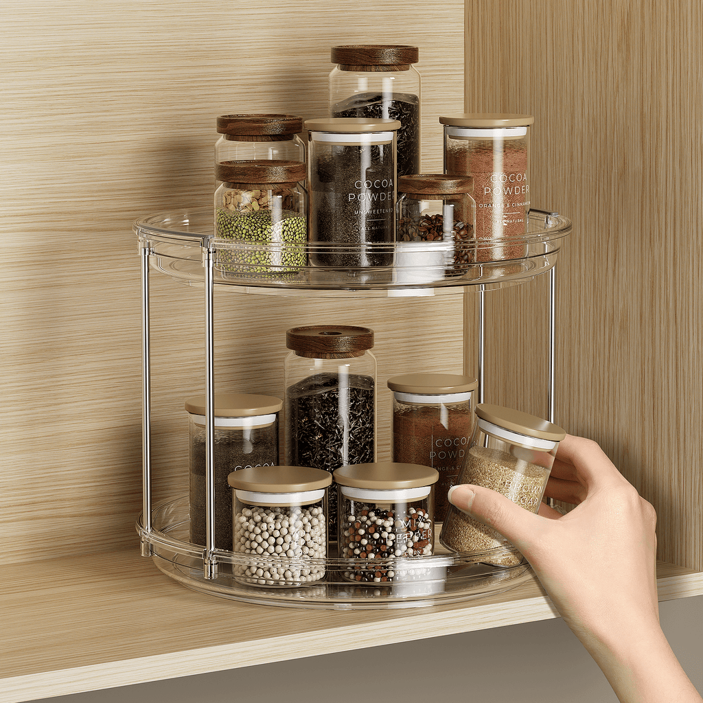 ROSSNY 2 Pack 9.25" 2-Tier Lazy Susan Turntable Organizer Countertop Kitchen Organization and Storage Spice Rack Bathroom Vanity Holder, Clear