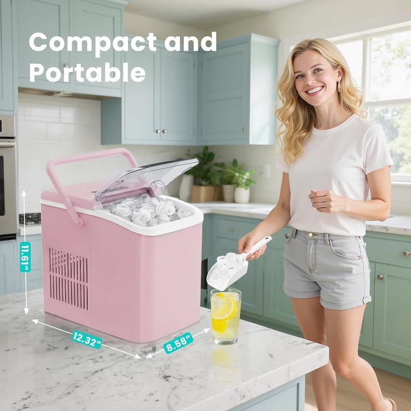 Simenmax Ice Maker Countertop – 26lbs Desktop ice maker with Handle for Home, Kitchen, Office, Outdoors, RV, Camping, White