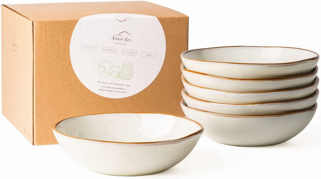 AmorArc Ceramic Cereal Bowls Set of 6, 24 oz Handmade Stoneware Bowls Set for Cereal Soup Salad, Stylish Kitchen bowls for Meal, Dishwasher & Microwave Safe, Reactive Glaze-Pearl White