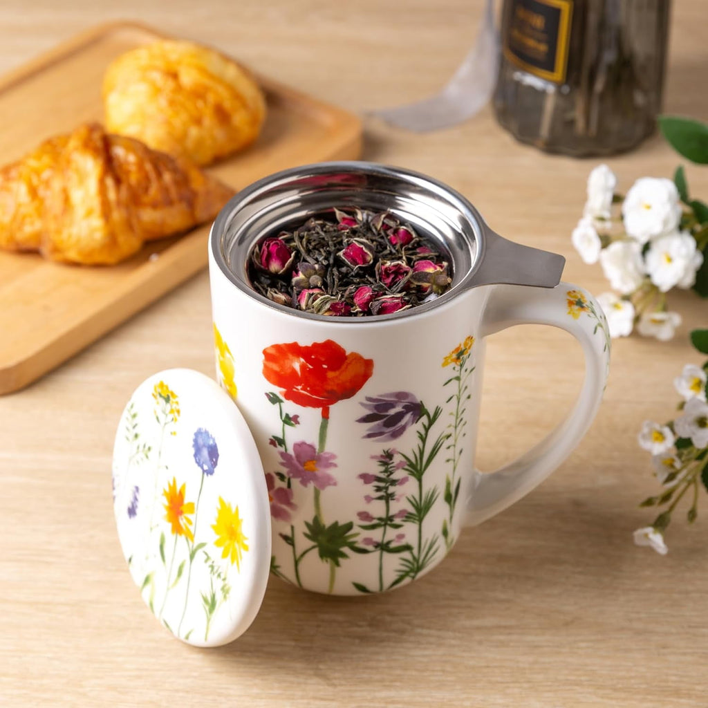 AmorArc Porcelain Tea Mug with Infuser and Lids, 18 Oz Cup Strainer Bag Holder for Loose Leaf Tea, Steeping Coffee Well-wrapped Box House-warming Wedding Birthday Gift, YelloRed
