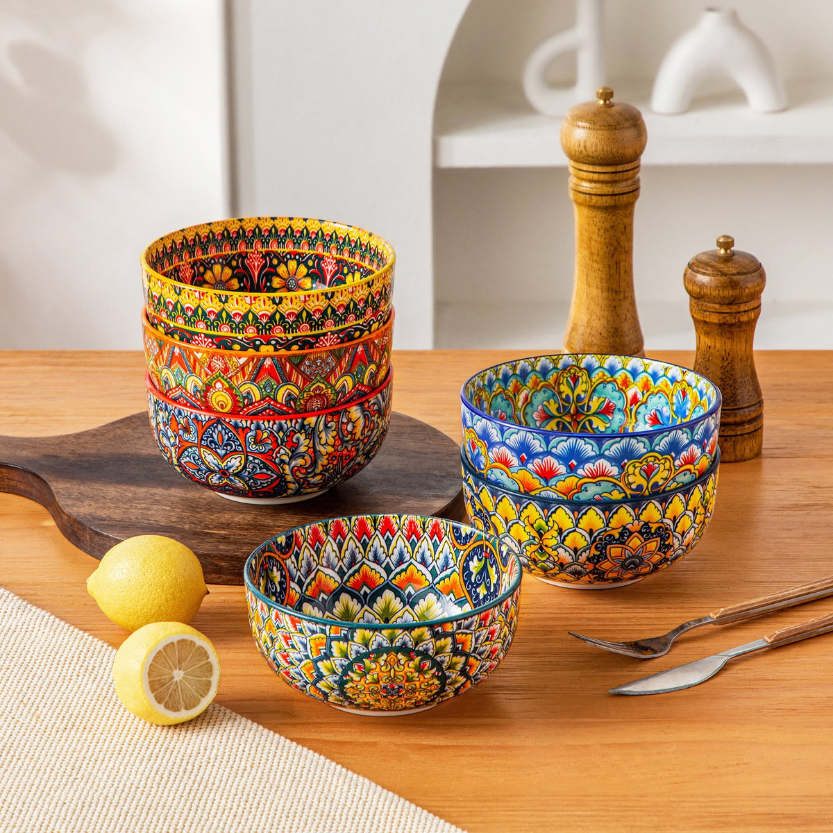 vancasso 6 Pieces Cereal Bowls Set, 28 Oz Deep Soup Bowl, Ceramic salad Bowls Set for Kitchen, Microwave Dishwasher Safe, Bohemian Style, Series LUMI