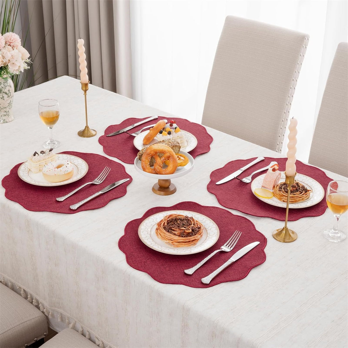 Ileading Scalloped Round Placemats Set of 6 Polyester Linen Blend Washable Non Slip Place Mats Easy Clean Heat Resistant Table Mats for Kitchen Dining Table Decor