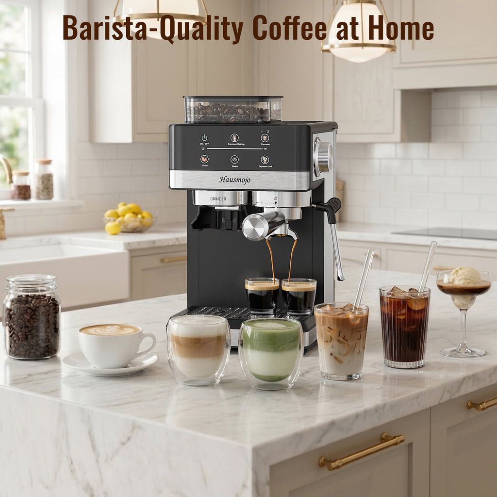 Hausmojo M5520 Espresso Machine with Grinder & Milk Frother , 20 Bar Semi-Automatic Cappuccino Latte Maker for Home