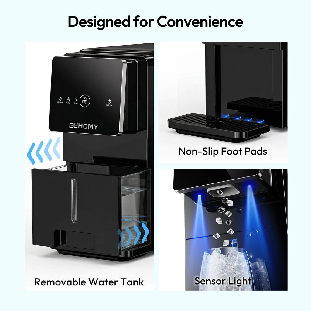 EUHOMY Countertop Nugget Ice Maker, 33 lbs/Day Chewable Pellet Ice Machine, One-Touch Dispensing, 1.8L Removable Water Tank, Self-Cleaning, Black