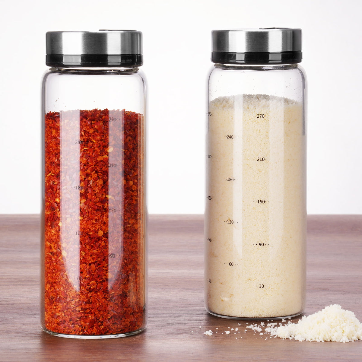 NiHome 2-Pack 10oz Spice Shakers with Adjustable Stainless-Steel Lids for Parmesan Cheese, Chili Flakes, Herbs, Salt, Pepper, Borosilicate Glass Seasoning Dispensers, Easy Refill and Dishwasher Safe