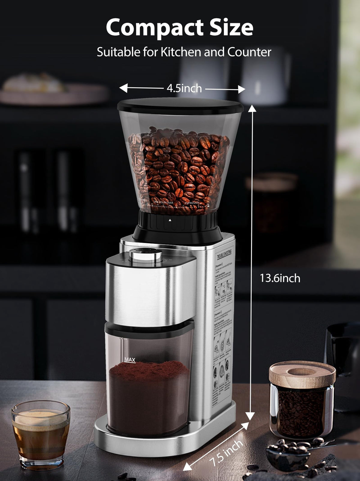 Aeitto Burr Coffee Grinder, Coffee Grinder Electric, Stainless Steel Coffee Bean Grinder, 48 Grind Settings, Espresso/Pour Over/Cold Brew/French Press Coffee Maker, Silver