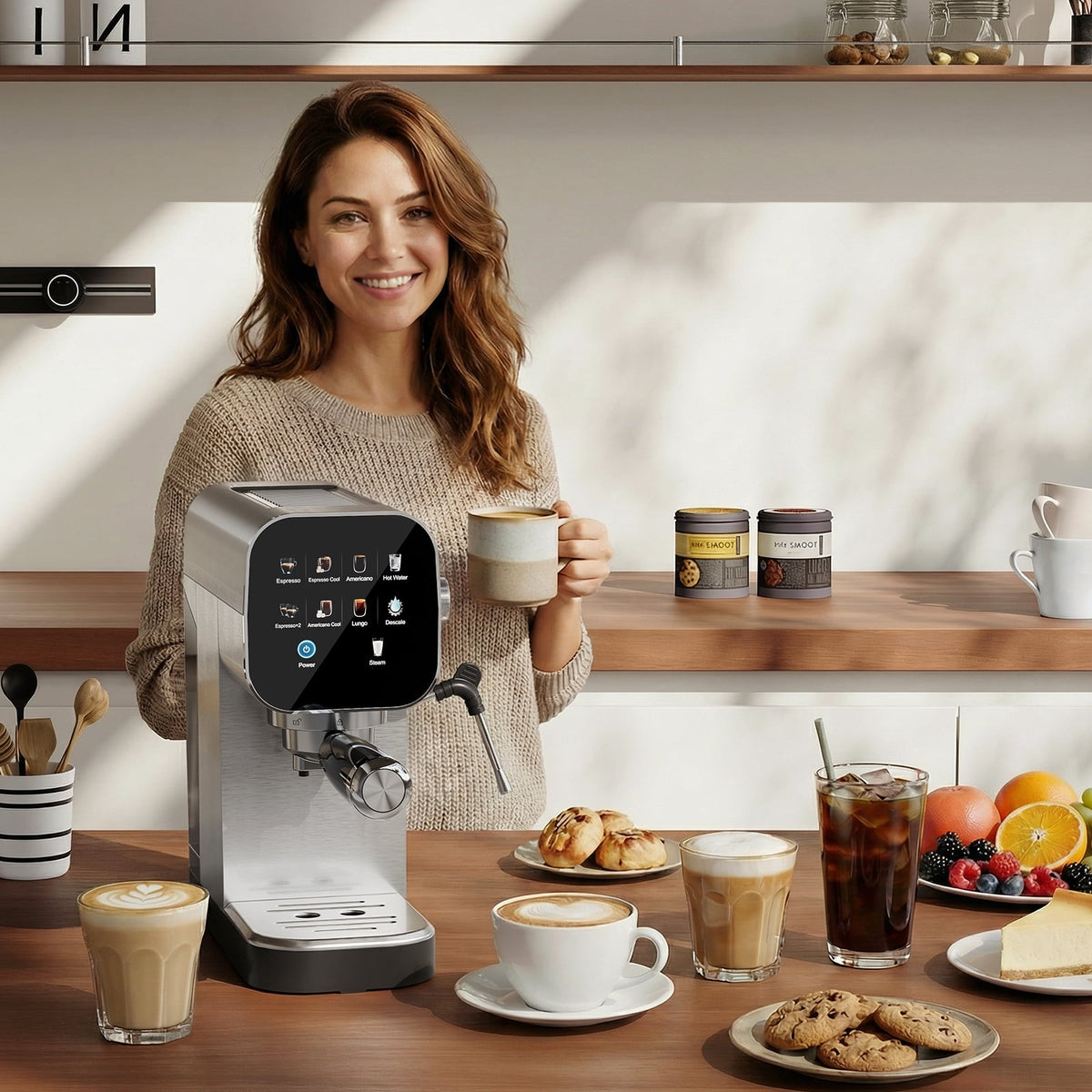 Patbrela Espresso Machine with Cold Brew, 20 Bar Coffee Maker Machine with Steam Milk Frother, LED Touch Screen, Cappuccino/Latte/ for Home