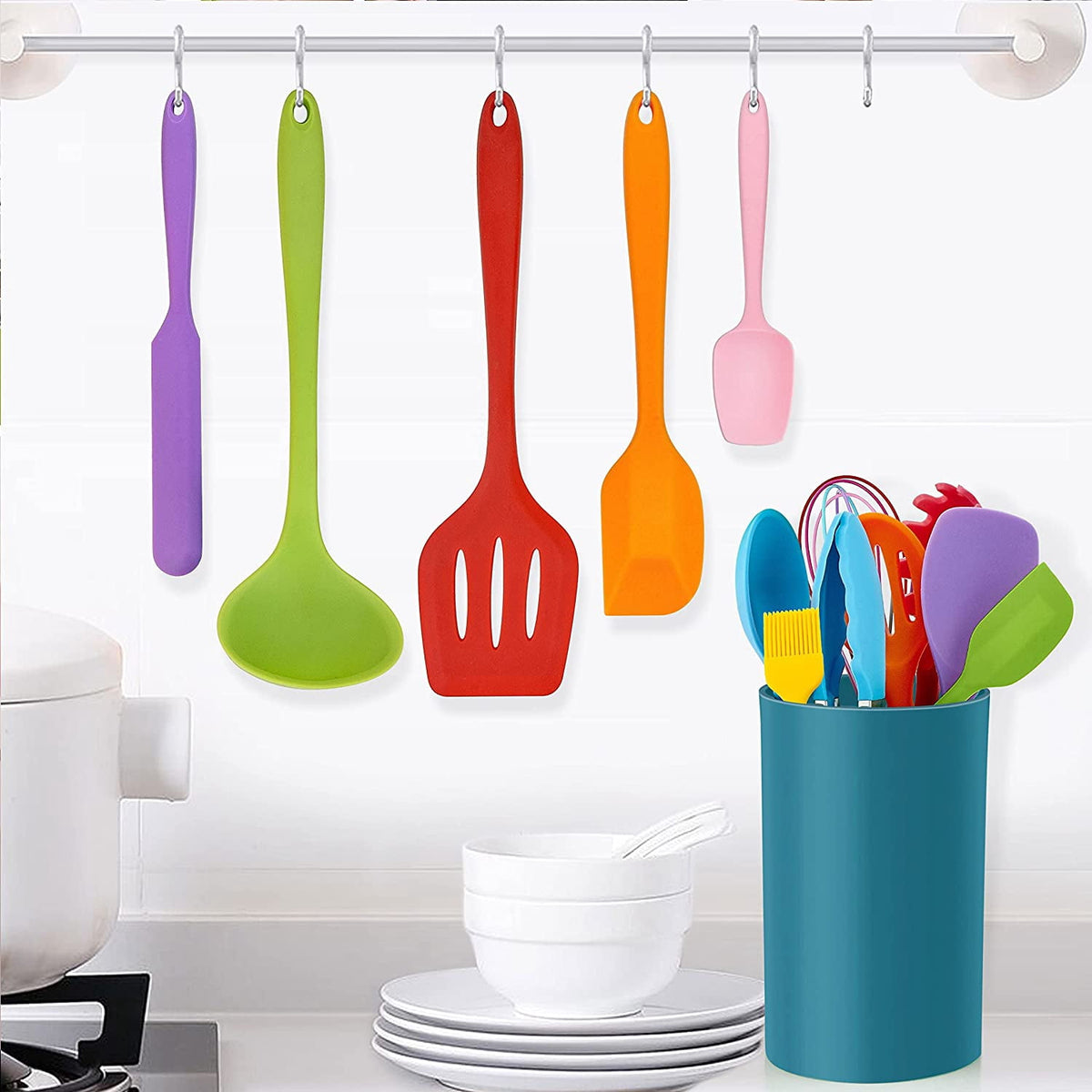Walchoice 14 Pcs Cooking Utensils Set with Holder, Heat Resistant Silicone Kitchen Cookware Utensils Set, Kitchen Cooking Tools Includes Spatula Spoon Turner Whisk Tong, Dishwasher safe, Red