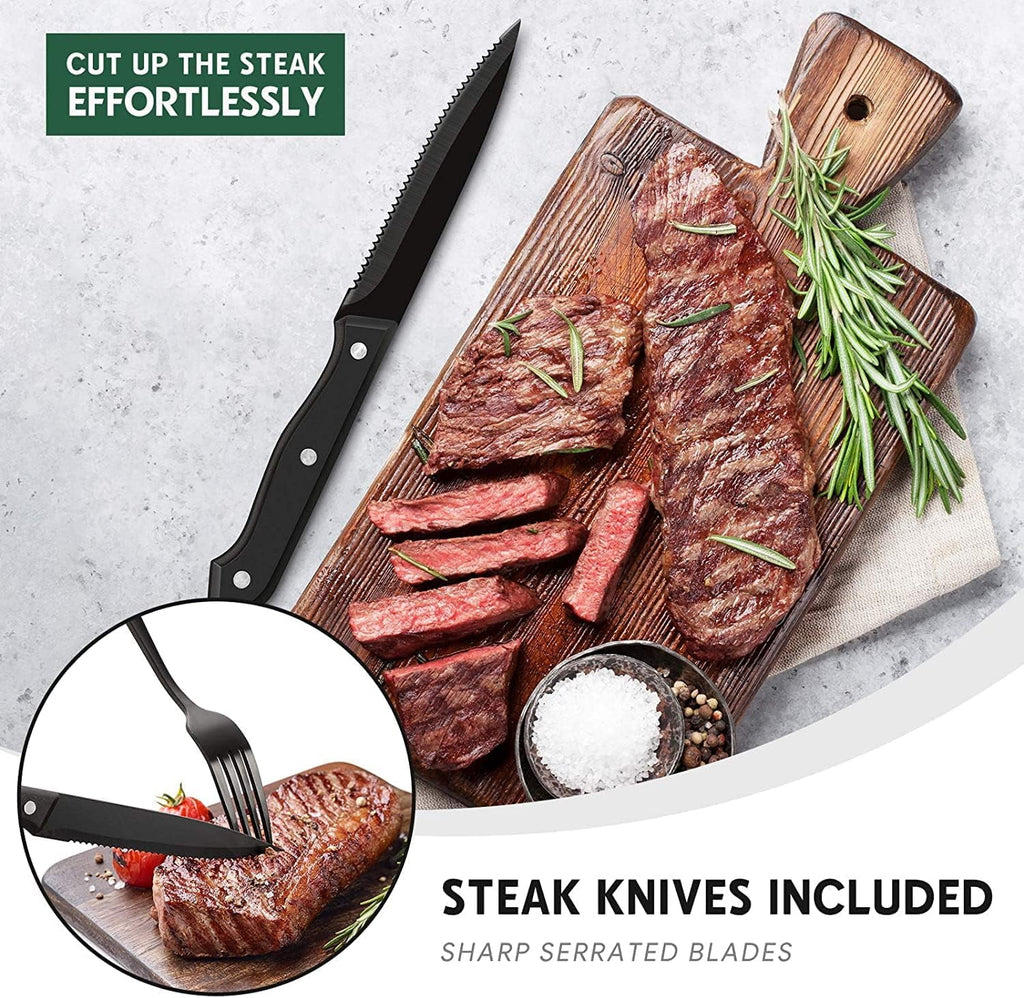 Black Flatware Set, AOKIWO 48-Piece 18/8 Stainless Steel Tableware Silverware with Steak Knives for Kitchen Restaurant, Mirror Polished ,Dishwasher