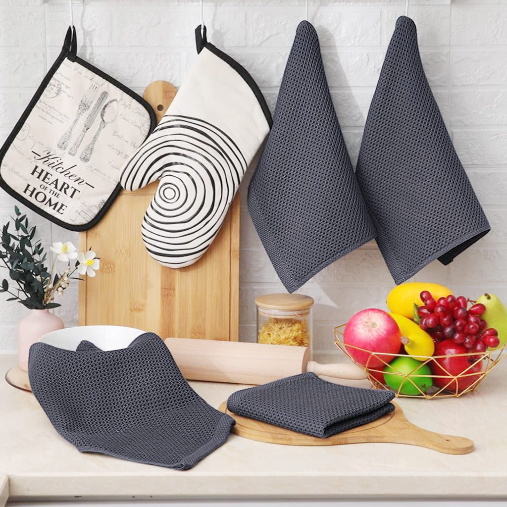 Smiry 100% Cotton Waffle Weave Kitchen Dish Towels, Ultra Soft Absorbent Quick Drying Cleaning Towel, 13x28 Inches, 4-Pack, Dark Grey