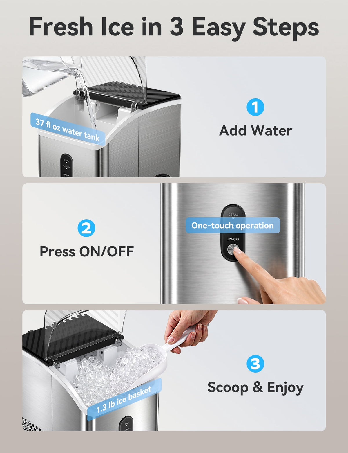 Goosiay Countertop Nugget Ice Maker, 33lbs Per Day Portable Ice Machine with Soft Chewable Pellet Ice, Stainless Steel, Silver